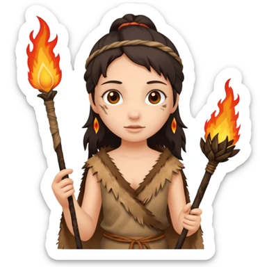 ancient girl, tattered animal skin cloth, hold fire stick sticker