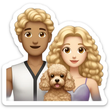 A couple consisting of asian korean man with dark eyes and long curly hair tanned skin and white girl with long straight blonde hair and brown eyes with brown toy poodle sticker