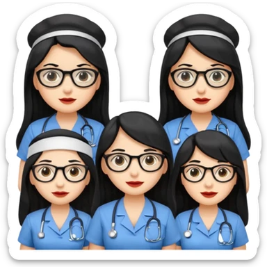 Genera emogis de 4 cuatro enfermeras de cabello negro largo, entre ellas que una tenga lentes y otra un lunar encima de los labios sticker
