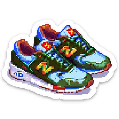 New Balance shoes, pixel art style, angled perspective, chunky sole, iconic 'N' logo visible sticker