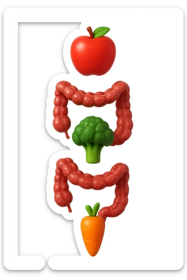 emoji stile iphone in 3d di cibo sano che fluttua in aria vericalmente insieme a pezzi di colon umano anatomico, iperrealistico 4k sticker