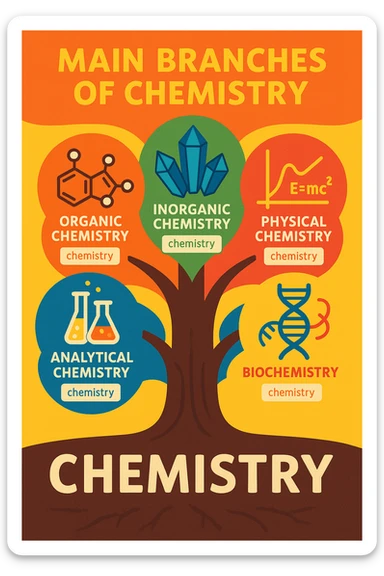 A creative and unique poster about the main branches of chemistry. The poster should have a central theme that ties all the branches together, such as a tree metaphor where the trunk represents chemistry and the branches represent the different fields: Organic Chemistry, Inorganic Chemistry, Physical Chemistry, Analytical Chemistry, and Biochemistry. Include icons and illustrations for each branch, such as molecular structures for Organic Chemistry, crystals or minerals for Inorganic Chemistry, graphs or equations for Physical Chemistry, laboratory equipment for Analytical Chemistry, and DNA strands or biological molecules for Biochemistry. Use a vibrant and cohesive color scheme with different colors for each branch. The layout should be clean and organized with clear headings and concise descriptions. sticker