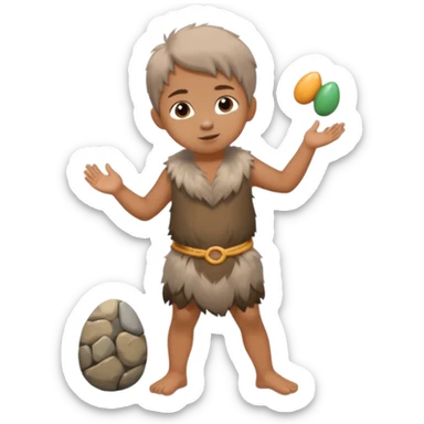 A barefoot child in fur tunic playing with a small stone toy.



















 sticker