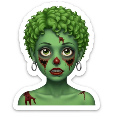 faça uma cabeça verde de zumbi femenina, com im cabelo curtinho cacheado, piercing no nariz, e brincos na orelha sticker