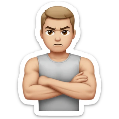 Arms crossed holding neck and mad sticker