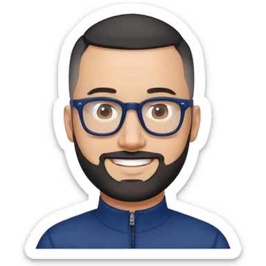 Smiling 40-year-old man with light skin, buzzcut-style very short black hair, gray beard, black glasses, wearing a navy blue athletic zip-neck long sleeve shirt sticker