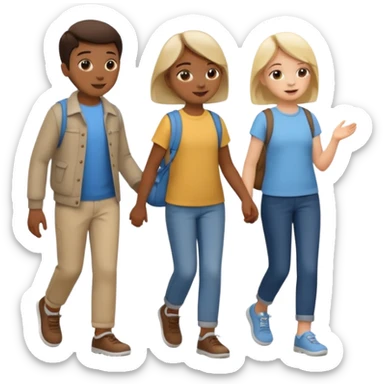 iOS emoji style. 2 friends and a child walking and talking.  sticker
