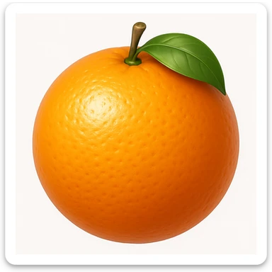 Create an orange fruit emoji in iOS emoji style, 3D, shiny, with smooth gradients, soft shadows, and realistic orange texture. The emoji should not have a face and should resemble the reference image. Add a glossy effect to the surface of the orange. sticker