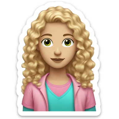 Curly teen with blond/brown hair and blue green eyes and a pink shirt medium long hair sticker