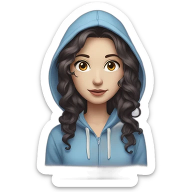 Full length girl in a purple hoodie with large light blue eyes and white skin and long curly black-brown hair with high aristocratic cheekbones sticker