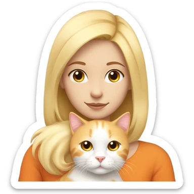 Girl with blonde hair cuddling her fluffy orange and white cat sticker