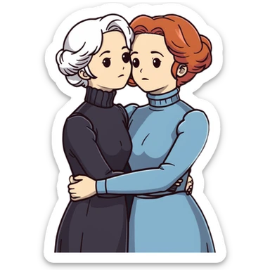 Two Victorian women with grey eyes in a sad, intimate hug. One has bright white coiffed hair, one has dark copper coiffed hair. Both wearing Victorian turtleneck dresses with arms tightly around each other. sticker