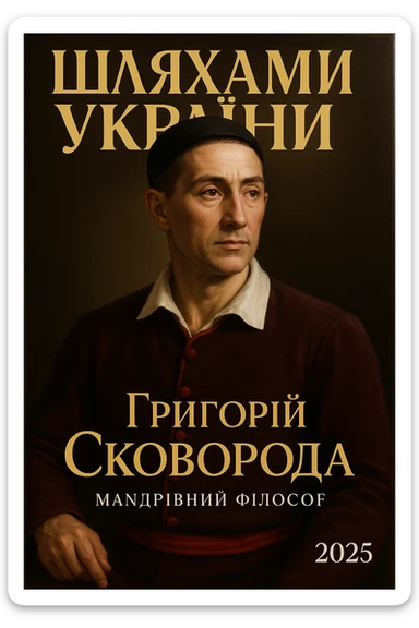 Create a glamorous, ultra-realistic magazine cover titled "Шляхами України".
The cover features Princess Olga from the downloaded image.
The cover design should be bright with elegant typography.
Add the title: "Григорій Сковорода", the subtitle: "Мандрівний філософ", and the release date: "2025".
Include additional subheadings and a well-thought-out layout.
Premium lighting, dramatic shadows, rich colour correction, glossy paper texture, minimalist background, focus on the character and typography in the spirit of glossy publications. sticker
