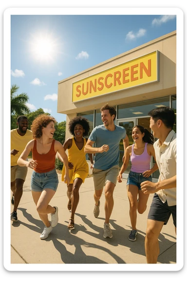 tante persone che corrono a comprare le creme solari sticker