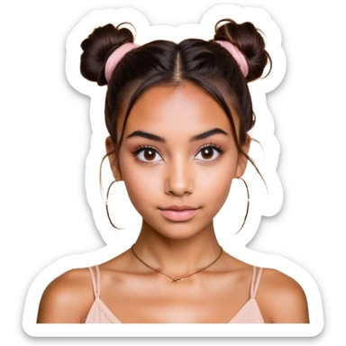 "A young woman with a confident and friendly expression, standing against a warm beige background. She has dark brown hair styled in two messy buns, with a few loose strands framing her face. Her eyebrows are well-defined, and she has deep brown eyes with a slight sparkle. She wears a soft pinkish-nude lipstick and has a small nose ring on her left nostril. Her complexion is smooth, with a natural glow. She is dressed in a high-neck, sheer beige top that subtly reveals her skin tone underneath. She also wears a pair of minimalist, gold-toned suspenders that complement her neutral aesthetic. The overall look conveys modern elegance and a casual yet stylish vibe." sticker