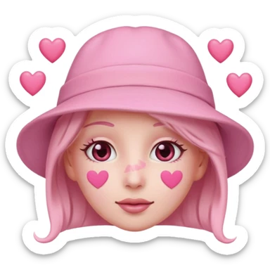 a pastel pink skin love face emoji with pink hearts in the eyes, pink simple hat on sticker