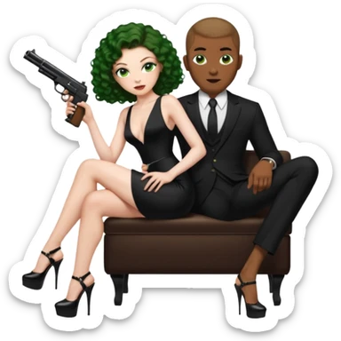 Sensual woman green eyes woman only brown long curly hair evil,with 7 inch platform stripper high heels long low cut black dress,and a gun, she is sitting on a buzz cut hair brown man's pimp lap, holdingwomans butt man is wearing a black suit sticker