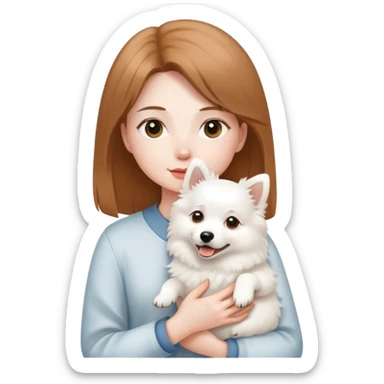 light brown hair girl with pale skin holding a white Japanese spitz dog sticker