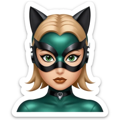 Futuristic Catwoman big blue green eyes with shiny patent leather mask, long false eyashes, most incredible highly detailed Futuristic seductive overall appearance  sticker
