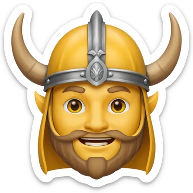 Viking emoji in Messenger style, yellow face, simple eyes, smiling, horned helmet sticker
