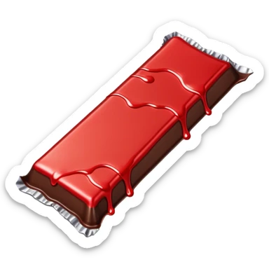 The image shows a partially unwrapped chocolate bar, with its red and silver wrapper pulled down, revealing the chocolate inside. Part of the chocolate is melting, dripping from the edge, creating a smooth and glossy effect.  sticker