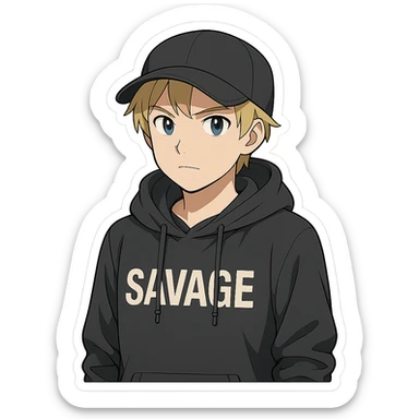 young man with short blonde hair, blue eyes, light skin, dark cap, dark hoodie over a "SAVAGE" t-shirt, white outline sticker effect (anime style) sticker