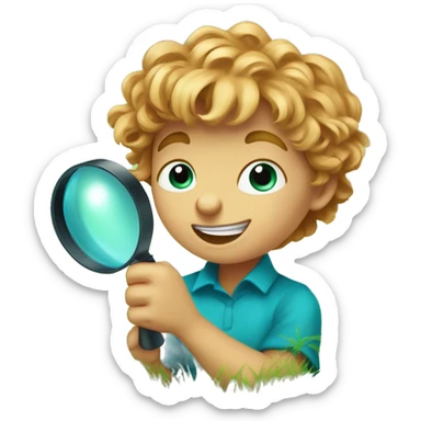 Little boy with blue/turquoise eyes, no glasses, and strawberryblonde slighty wavy hair crouching down low in a lot of green grass. He is holding a magnifying glass, closely examining nature and looking happy/curious sticker
