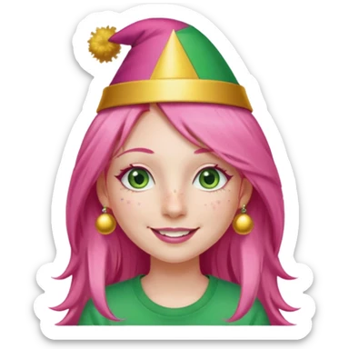 Create a girl with long pink hair and green eyes with long eyelashes and a smiley face. She has freckles in her face and a lit of bit of pink lipstick on her mouth, she’s also got gold birthday party hat on her head with gold pom poms on top of it, and her T-shirt is all red sticker