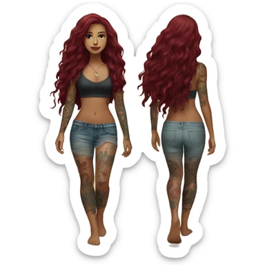 Beautiful tattooed  burgundy long haired woman walking on the beach sticker
