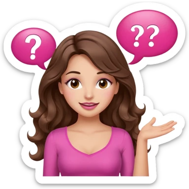 girl with long wavy brown hair, brown eyes, long lashes makeup, sexy pink lips, light to medium complexion, wearing a pink sexy top, shugging, smiling, question mark one speech bubble sticker