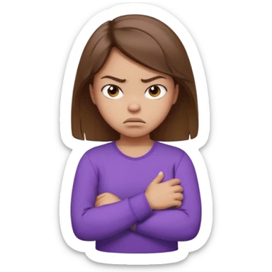 Girl with brown hair crossing arms in front of her chest and making an angry face with a purple longsleeve shirt on and be more pouty make her skin lighter sticker