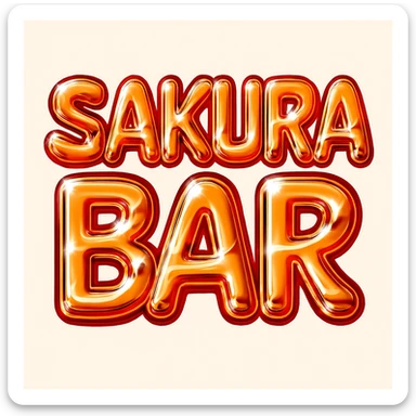 Make the 'Sakura Bar' bubble letters font more Y2K style—futuristic, metallic, shiny, with playful curves and a retro 2000s vibe, keep orange and red colors. The style should reflect a glossy, metallic, and futuristic look typical of early 2000s design aesthetics. sticker