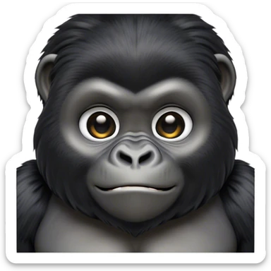 Cinematic Cute mountain Gorilla Portrait Emoji, Head tilted playfully and inquisitively, with a robust build accented by a striking black and grey mane and round, sparkling eyes full of gentle charm, Simplified yet irresistibly adorable features, highly detailed, glowing with a warm, friendly jungle glow, high shine, affectionate and lively, stylized with a touch of endearing primate whimsy, soft glowing outline, capturing the essence of a mischievous yet loving mountain that feels like it could lumber out of the screen into your arms! sticker