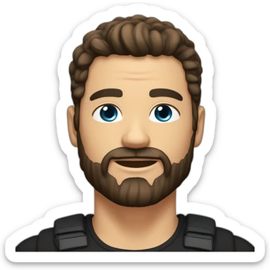 White man with a slight sun kissed tan, blue eyes and dark brown hair. He has a beard and mustache trimmed. Wears black clothing and wears his hair styled sideways backwards. sticker