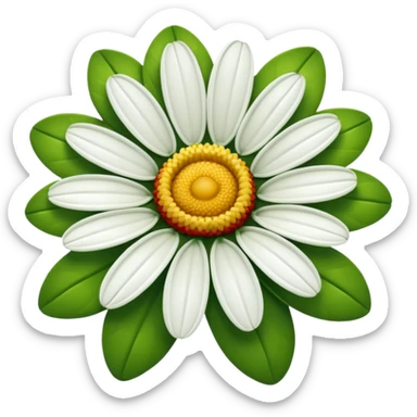 A fifteen-petalled daisy with green, red and white petals and a yellow centre.
Only the face of the daisy should be visible. sticker