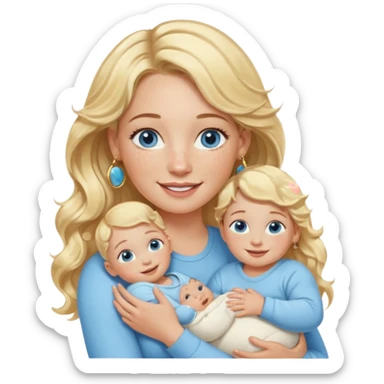 Wavy blonde, white woman with blue eyes, freckles hoop earrings, holding babies smiling and really cute in gold hoops she needs to be holding three newborns, and she needs to be more cute than pretty sticker