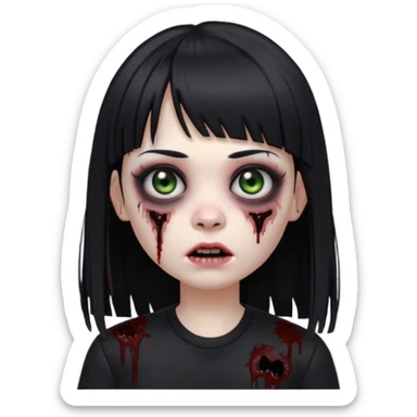 uma garota gotica zumbi no formato Memoji da apple com o cabelo cumprido, preto liso e com franja, blusa preta, olhos pretos  sticker