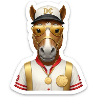 friendly anthropomorphised horse in RUN DMC style outfit, gold medal, baseball hat, sunglasses sticker