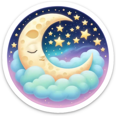 Dreamy sleep symbol with celestial moon, magical stars and ethereal number 8 representing eight hours of sleep, surrounded by peaceful glowing aura sticker