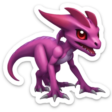 Chibi-Anthro Mauve-maroon-red-colored edgy anthro-genesect-velociraptor-scalie-sona-Fakémon-hybrid with a purple-pink mane on head and back and horns full body sticker
