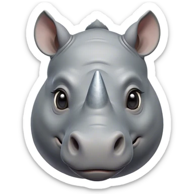 Cinematic Cute Rhinoceros Portrait Emoji, Head tilted playfully and inquisitively, featuring a rugged, glossy slate-gray hide with a gentle, rounded horn and round, sparkling eyes filled with curious wonder, Simplified yet irresistibly adorable features, highly detailed, glowing with a warm, friendly glow, high shine, affectionate and mighty, stylized with a touch of ancient charm, bright and endearing, soft glowing outline, capturing the essence of a mischievous yet loving rhinoceros, so playful it feels like it could stomp out of the screen and into your arms! sticker