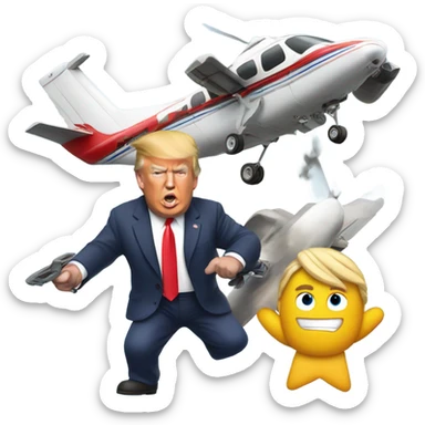 Donald trump by himself holding an airplane in one hand and a helicopter in the other hand smashing them together sticker