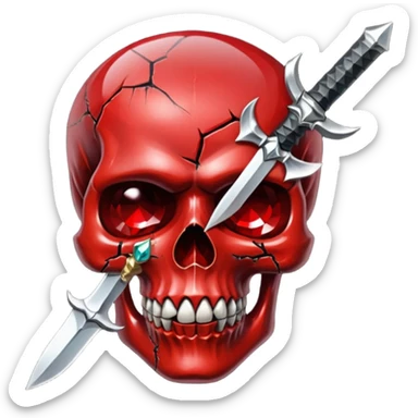 make me a red crystal skull partly see thew super gem like make it realistic and held together by a black bow and a small dagger to the eye with cracks coming from it have the bow be loosely tied around the skull holding it together make the blade super realistic  sticker