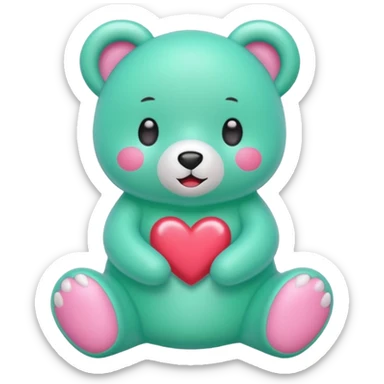 Oso gummy color verde agua  corazón rosa kawaii con cuerpo entero parado sticker