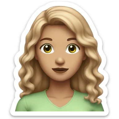 young woman with green eyes, light brown wavy hair and a light pink outfit sticker