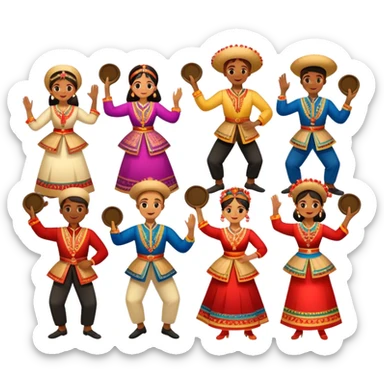 Icon for Folk Dance: a group of men and women performing a national dance in vibrant traditional costumes, with some holding castanets and tambourines. The icon should capture the festive and cultural energy of folk dance. Transparent background. sticker