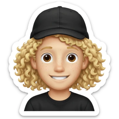blonde boy with long curly hair past his hears and a LA hat, smiling, wearing a black shirt with freckles sticker