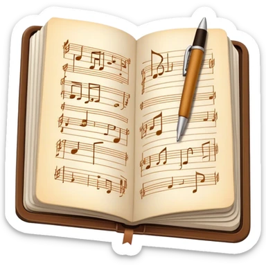 Create an emoji representing songwriting. The design should feature an open notebook or sheet music with visible lyrics and musical notes, symbolizing the process of writing song lyrics. A single pen or pencil should be placed near the notebook, indicating active writing. Use a harmonious color palette with warm and neutral tones. Do not include any emojis or smiley faces. Make the background transparent. sticker