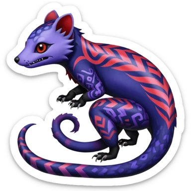 Rare warm-colored exotic gloomy tropical edgy cute epic aesthetic spooky indigo violet white black red gothic colorful Salandit-Noibat-Civet-species-Fakemon-hybrid-creature, with tribal tattoo markings, full body sticker
