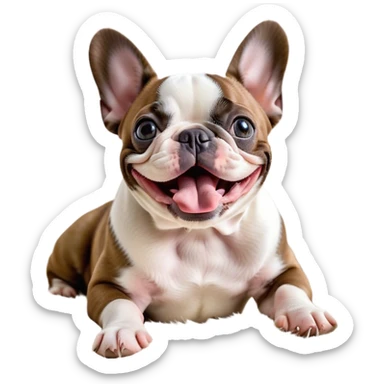 Cinematic Cute Yawning Pied French Bulldog Portrait Emoji, Head tilted with an exaggerated, endearing yawn and sleepy, squinty eyes, showcasing a unique pied fur of contrasting colors with a playful expression, simplified yet irresistibly adorable, highly detailed, glowing with a soft, cozy radiance, high shine, exuding a relaxed, humorous charm, styled with a gentle, soft glowing outline, capturing the essence of a Pied French Bulldog in a blissfully cute yawn that warms the heart! sticker